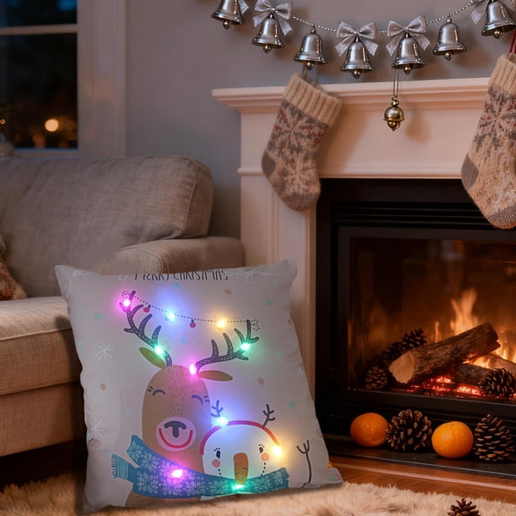 HOARBOEG Christmas LED Pillows with Flashing Lights, 15.74*15.74in Holiday Light Up Throw Pillows for Sofa Decor, 2 Mode Switching Christmas Gift, Santa Reindeer Printed Pillowcases, Battery Powered