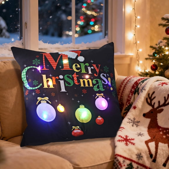 HOARBOEG Christmas LED Pillows with Flashing Lights, 15.74*15.74in Holiday Light Up Throw Pillows for Sofa Decor, 2 Mode Switching Christmas Gift, Santa Reindeer Printed Pillowcases, Battery Powered