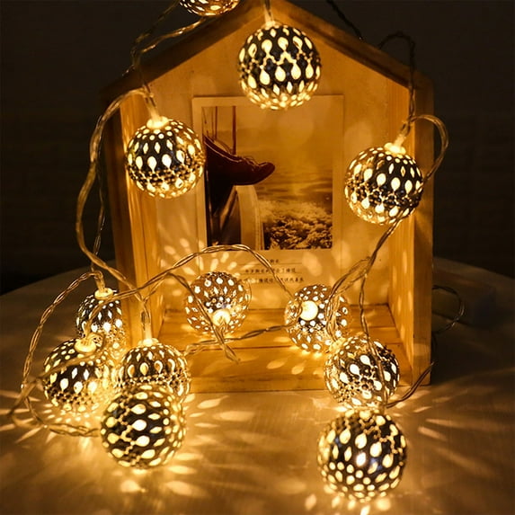HOARBOEG Christmas LED String Lights with Moroccan Ball Design, 6.56ft White Plastic Hollow Small Ball Lights for Holiday Courtyard Outdoor Decoration