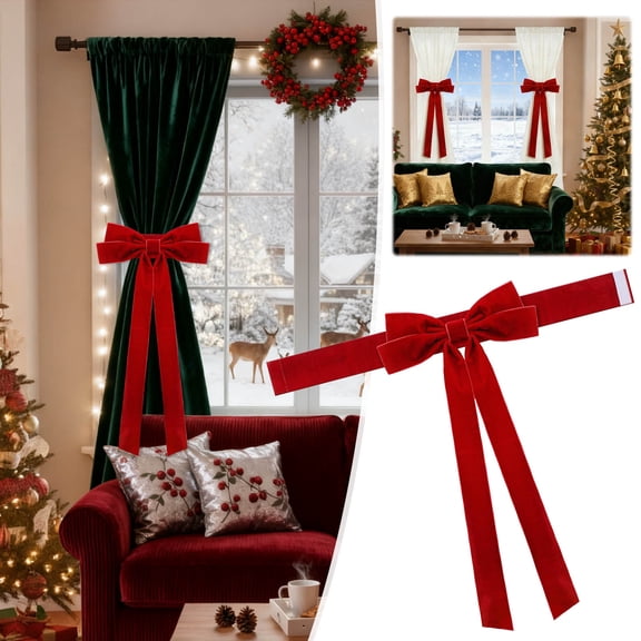 HOARBOEG Christmas Red Velvet Bow Tiebacks for Curtains, Elegant Festive Holiday Decorations, Decorative Window Treatment, Reusable Velvet Curtain Holdbacks