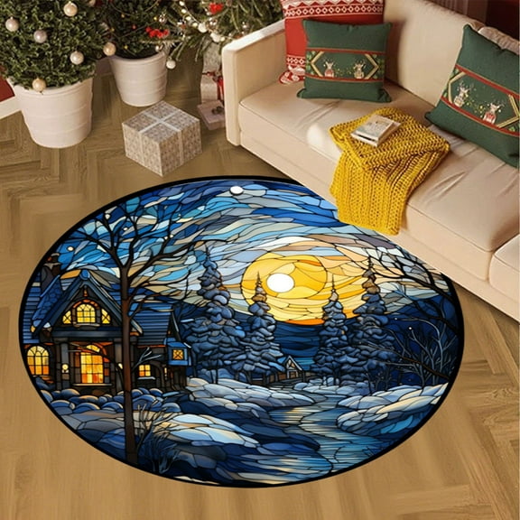 HOARBOEG Christmas Rug, Round Holiday Doormat Non-Slip Festive Floor Mat with Reindeer Star Pattern for Living Room Bedroom Kitchen Decor, Multicolor Polyester Foot Mats