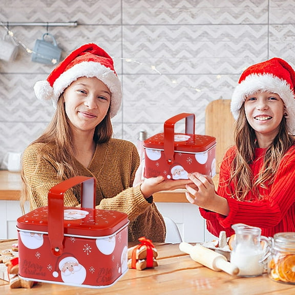 HOARBOEG Christmas Tin Box with Handle, Portable Holiday Gift Box for Snacks, Candy, Cookies Storage, Festive Iron Container for Christmas Treats and Party Favors