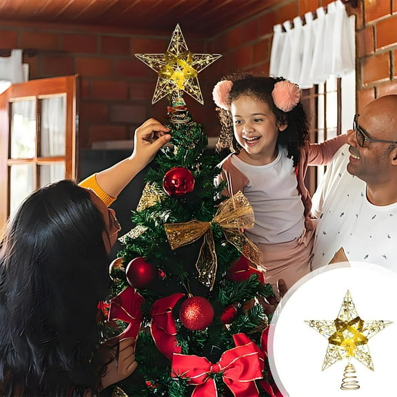 HOARBOEG Christmas Tree Topper Star with Lights, Iron Five-Pointed Star Tree Top Decoration, 3D Flocked Design with Built-in Clips for Holiday Decor