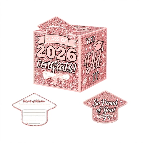 HOARBOEG Class of 2026 Graduation Card Box with 50 Advice Cards - Pink Glitter Graduation Wishes Box for Grad Party Decorations, Graduation Advice Box and Memory Keepsake for Celebrations
