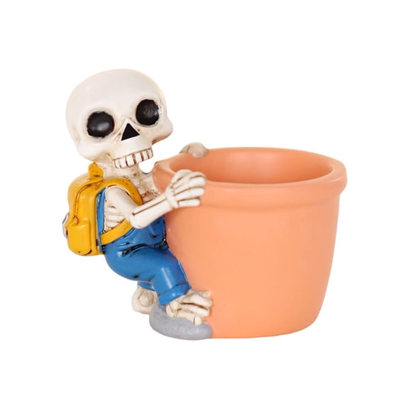 HOARBOEG Cute Backpack Skeleton Resin Planter – Skeleton Holding Flower Pot w/ Drainage Hole, Gothic Container for Desk, Windowsill & Patio Halloween Decor