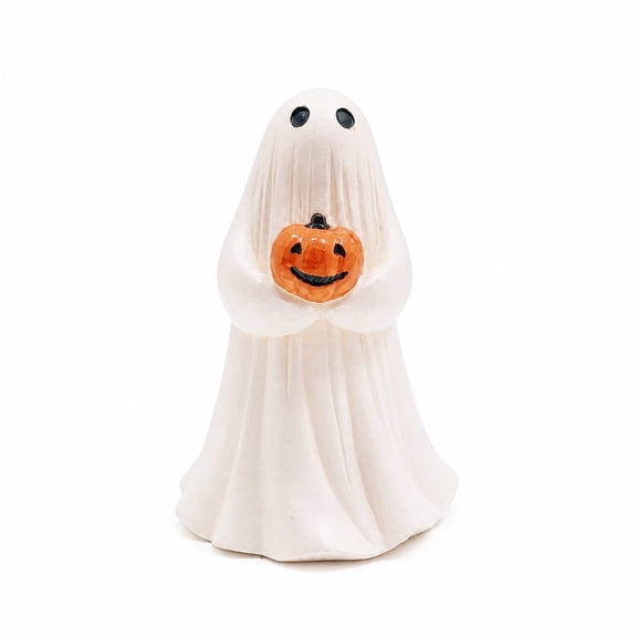 HOARBOEG Cute Ghost Holding Pumpkin Resin Figurine – Not-Scary White Halloween Statue, Shelf Sitter & Tiered Tray Accent for Mantel, Bookshelf, Boo Basket & Desk Decor