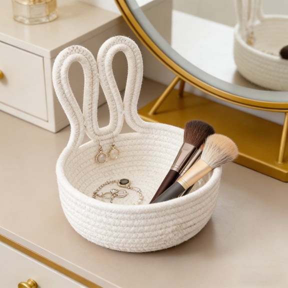 HOARBOEG Cute Rabbit Storage Basket with Pom-Pom, Cotton Rope Easter Decoration Bin for Organizing Cosmetics, Snacks, Keys, Toys, (7.87x8.27 in)