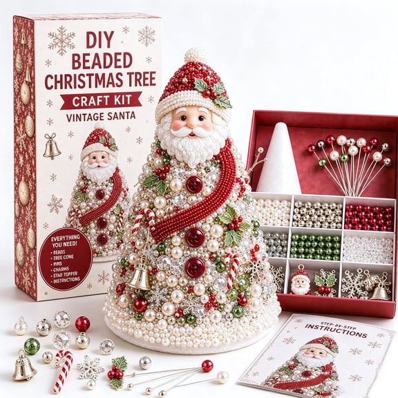 HOARBOEG DIY Beaded Christmas Tree Kit, Beaded Holiday Tree Craft Set, Vintage Beaded Ornament Kit, Adult Christmas Art Set with Base, Pins, Topper, 7.09x4.33x3.94 Inch Box, 0.51 Lb