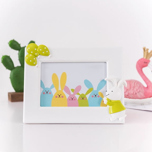 HOARBOEG Easter Bunny 7 Inch Framed Figurine, Plastic Easter Photo Frame Decor with Hemp Rope for Hanging, Holiday & Home Decoration, Blue Green Pink Spring Gift for Family
