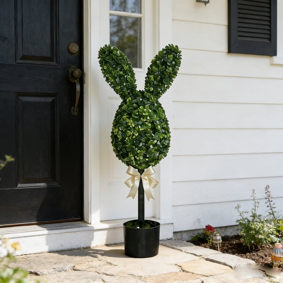 HOARBOEG Easter Bunny Egg Tree with Artificial Boxwood - Heart Shaped Topiary Planter for Tabletop, Spring and Easter Home Decor, Festive Centerpiece for Mantel, Party, Gift (75cm Height)