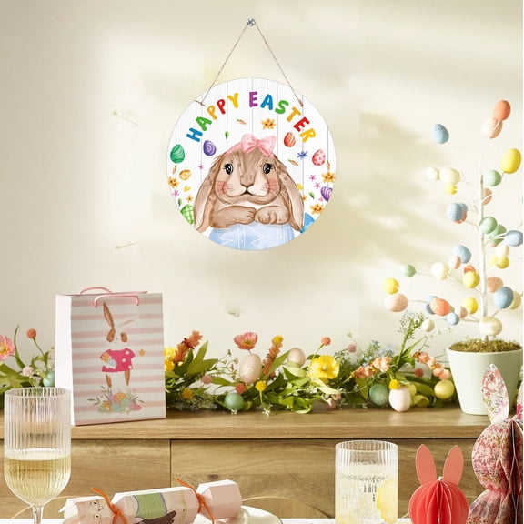 HOARBOEG Easter Bunny Wooden Hanging Sign - 9.84x9.84 Inch Multicolor Easter Egg Wall Decoration, Holiday Party Door Hanging Ornament with Rabbit Egg Design for Spring Festival Decor