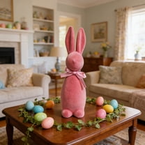 HOARBOEG Easter Flocked Bunny Figurine with Bow, Standing Easter Bunny Decor, Pink Foam Easter Table Centerpiece, Cute Easter Party Home Decoration for Easter Day Celebration