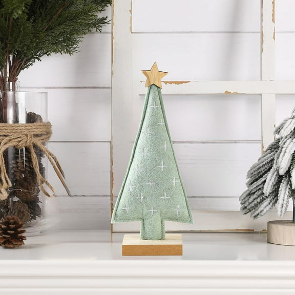 HOARBOEG Elegant Snowflake & Gold Star Tabletop Christmas Tree - Wood Fiber Artificial Mini Holiday Decor, Christmas Tree Knick-knack with Wood Base for Home, Office, Desk