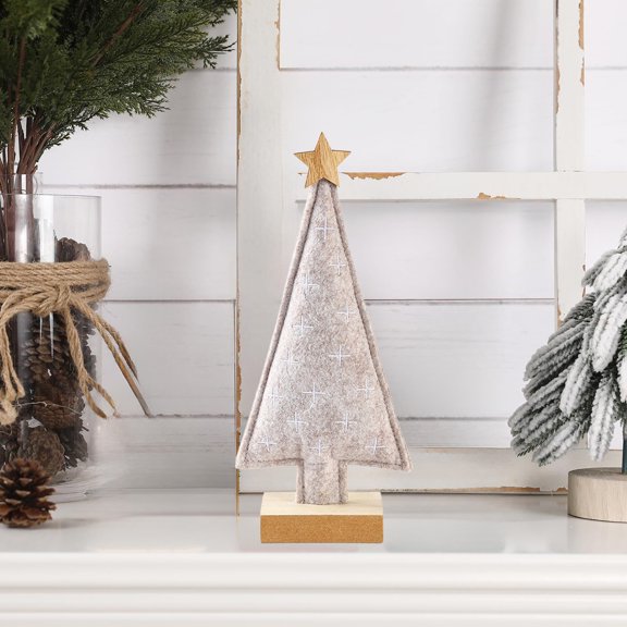 HOARBOEG Elegant Snowflake & Gold Star Tabletop Christmas Tree - Wood Fiber Artificial Mini Holiday Decor, Christmas Tree Knick-knack with Wood Base for Home, Office, Desk