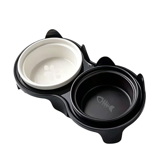 HOARBOEG Elevated Tilted Cat Bowl with Stand, Double Pet Food and Water Bowl for Cats and Small Dogs, Neck Comfort Raised Feeder with Non Slip Base, Black