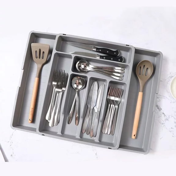 HOARBOEG Expandable Drawer Organizer for Silverware, Adjustable Cutlery Tray with Dividers for Utensils, Knife Fork Spoon Storage, Durable Kitchen Drawer Organizer Gray