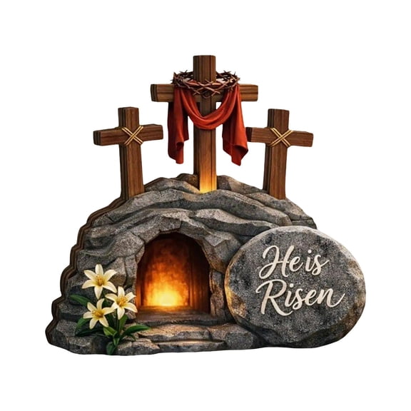 HOARBOEG Exquisite Hand-Carved Wooden Easter Cross Ornament, He Is Risen Desktop Decor for Home, Church & Gift - Solid Wood Tabletop Crucifix with Scripture, Blessing Display for Easter Holiday