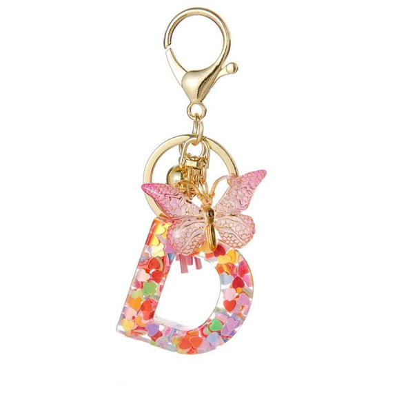 HOARBOEG Fashion Alphabet Initial Letter Keychain Women Tassel Butterfly Car Keyrin Pink And Gold Resin Alphabet Keychain Bag Charms Keychain Tassel Butterfly Pendant Key Ring for Wallet