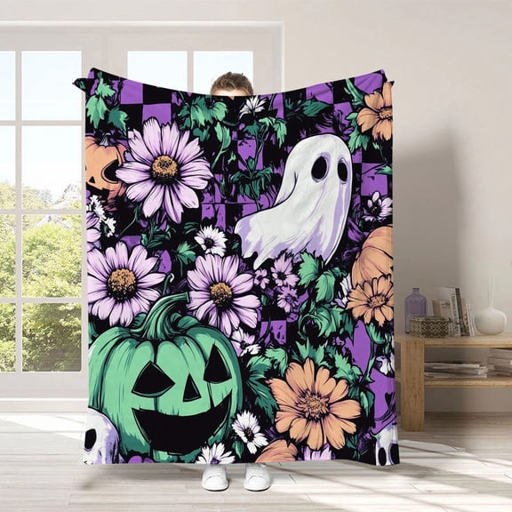 HOARBOEG Flannel Throw Blanket Halloween Ghost Print - Lightweight All Season Cozy Shawl Blanket for Adults, Soft Polyester Plaid Blankets for Indoor Outdoor