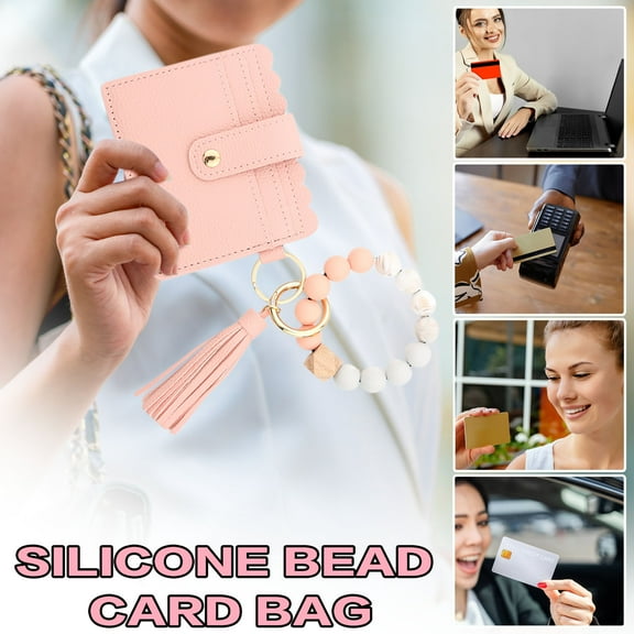 HOARBOEG Flower Keychain Wristlet Wallets for Women Cute Silicone Beaded Credit Card Holder Key Ring Bracelet Wallet, Cutr Women Gift