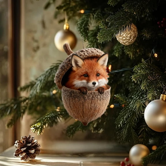 HOARBOEG Forest Ornaments,Woodland Animal Christmas Ornaments with Sleeping Fox, Deer, Owl, Raccoon, Bunny, and Hedgehog Inside Realistic Wooden Log, Handcrafted Holiday Decor for Tree, Garland