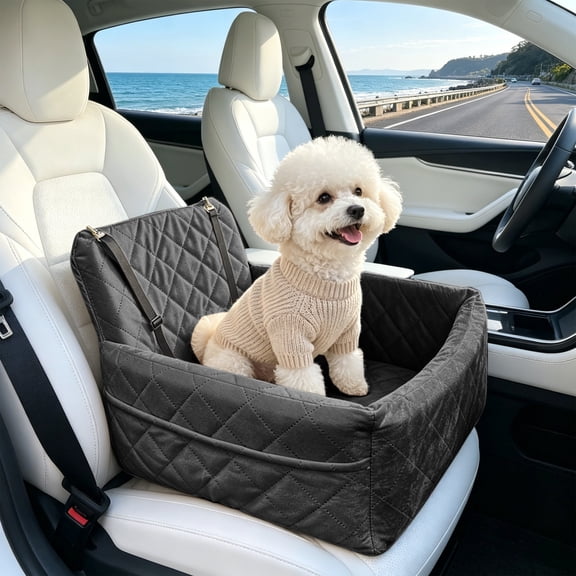 HOARBOEG Fully Detachable Washable Dog Car Seat Bed Travel Pet Mattress with Non Slip Base Safety Strap for Back Seat Truck SUV Gray