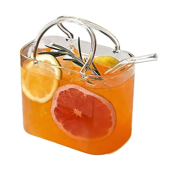 HOARBOEG Glass Purse Drinking Glass Purse Shaped Vase Clear Crystal Bag Beverage Container with Straw for Cocktail Juice Wine, Decorative Flower Vase for Home Table Centerpiece