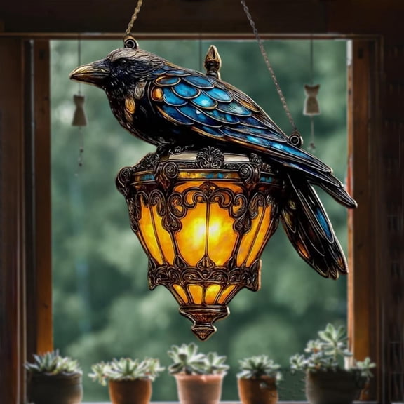 HOARBOEG Gothic Crow Suncatcher Hanging Ornament, Stained Glass Window Decor with Perched Raven Design, Sun Catcher for Gothic Home Decor, Ideal Gift for Halloween, Windows