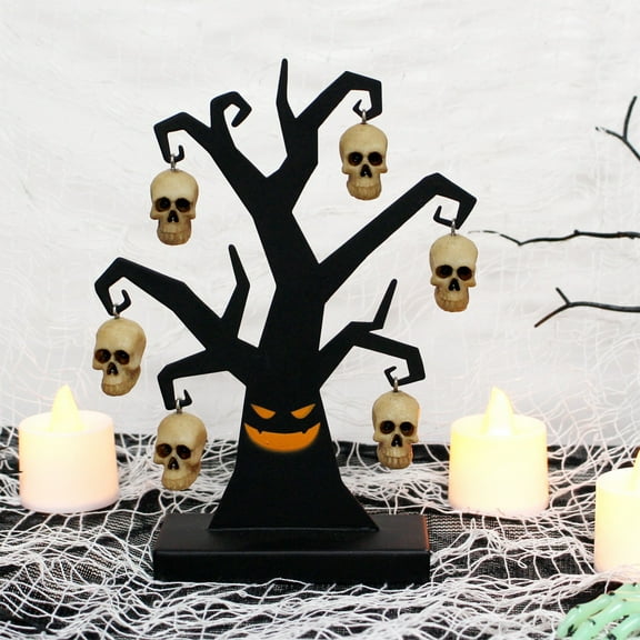 HOARBOEG Gothic Skeleton Tree Sculpture, Wrought Iron Halloween Ornament with Skull Details for Spooky Home Display, Haunted Holiday Tabletop Decor