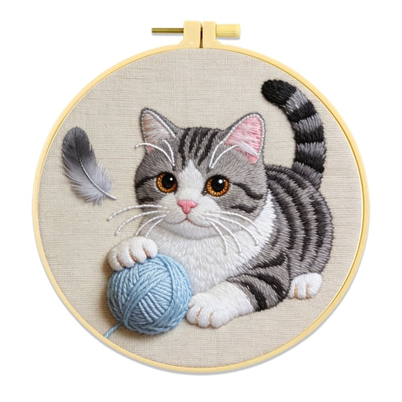 HOARBOEG Gray Tabby Cat Embroidery Kit for Beginners Adults, Stamped Needlepoint Starter Set with Embroidery Hoop and Threads, DIY Cute Embroidery Wall Art Decor Craft Gift