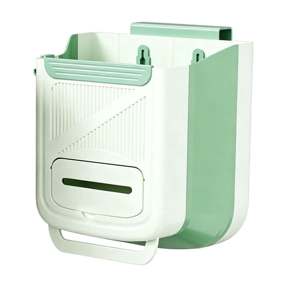 HOARBOEG Green Foldable Hanging Trash Can for Kitchen Cabinet Door, Collapsible Wall Mounted Waste Bin with No Drill Installation, Space Saving Under Sink Garbage Can, Portable Small Trash Bin