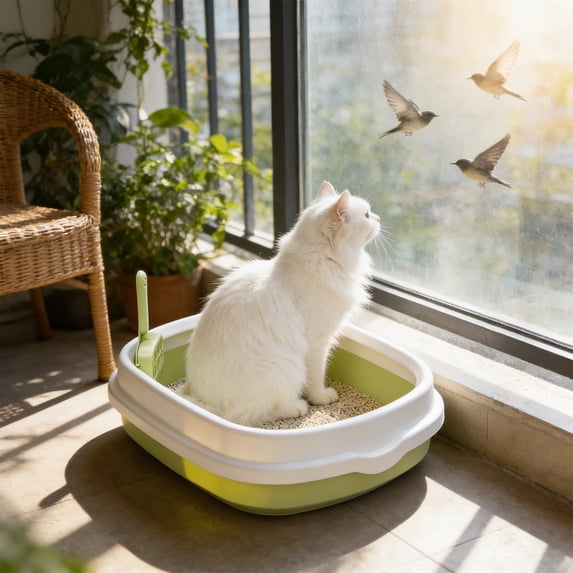 HOARBOEG Green Semi-Enclosed Cat Litter Box, 15.75x10.63 Inch Open Front Litter Pan with Deep Sides to Control Scatter, Includes Litter Spade, Easy Clean Plastic Litter Box