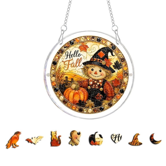 HOARBOEG Halloween Acrylic Suncatchers, Round Puzzle Hanging Window Ornaments, Pumpkin Scarecrow Owl Gnome Decor, Fall Porch Indoor Outdoor Decoration, 8.66in
