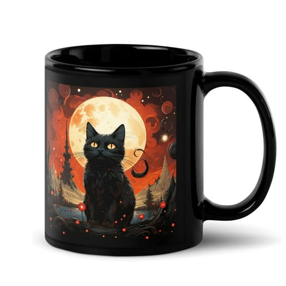 HOARBOEG Halloween Ceramic Mug 11 oz with Gothic Cats Design - Spooky Bats and Trees Horror Theme Coffee Cup for Office, Home Decor, and Halloween Party Supplies