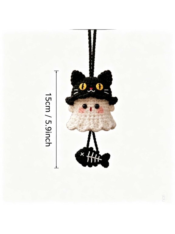 HOARBOEG Halloween Crochet Ghost with Cat Hat Hanging Ornament, Cute Ghost Rearview Mirror Charm for Car, Handmade Crochet Ghost Pendant for Home Bag Keychain, Fall Holiday Decoration