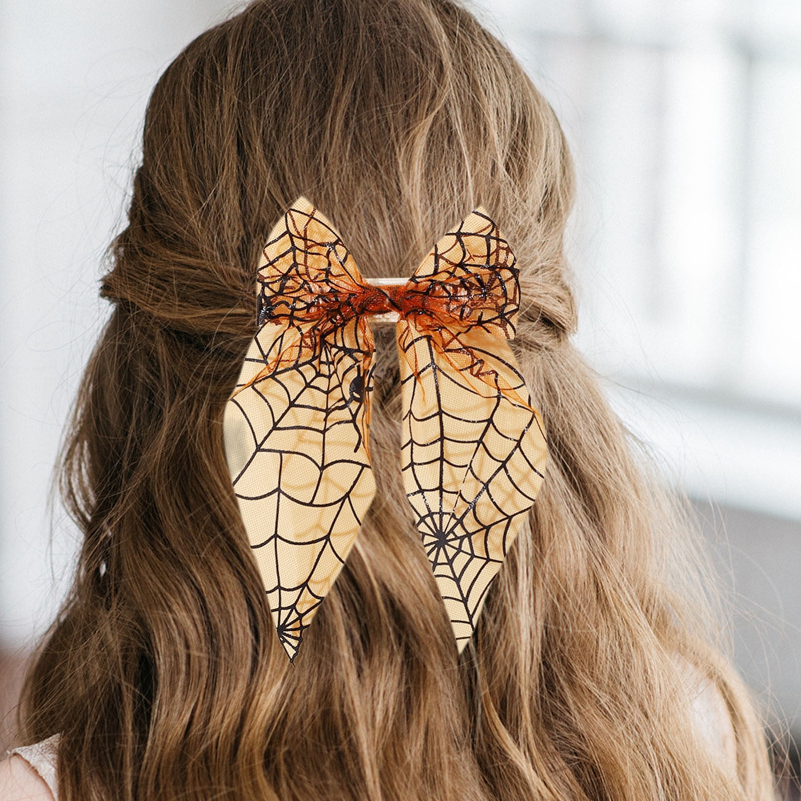 Spooky Orange Web Hair Bow Clip Halloween Tulle Hair Bow Clip: Mini Pumpkin & Spider Design  main image 2