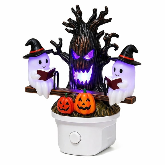 HOARBOEG Halloween Plug-In Ghost Night Light – Seesaw Boo Ghost Wall Nightlight with Glowing House & Carved Pumpkin – 6.75 in Resin Spooky Teens Room Decor