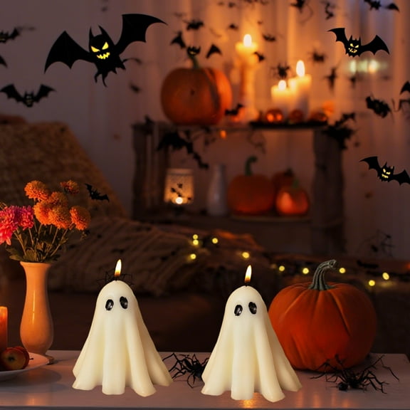 HOARBOEG Halloween Scented Candles Set of 2, Spooky Ghost Wax Candles for Home Decor, Party, Gift, White Aromatic Candles