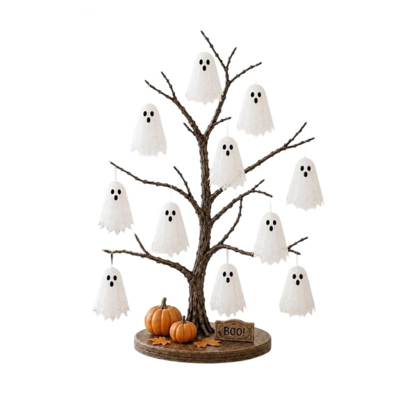 HOARBOEG Halloween Tabletop Dead Tree Centerpiece with Lace Ghosts and Mini Pumpkin Sign, Spooky Black Resin Tree, Haunted Mantel Desk Party Decor, Indoor Gothic Ornament, 11.8 in