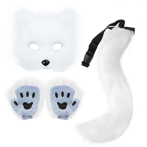 HOARBOEG Halloween Wolf Mask Costume Set with Faux Fur Tail and Paw Gloves, Fox Accessories for Teens & Adults, Dress-Up Kit for Party, Brown