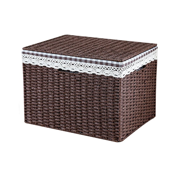 HOARBOEG Handwoven Rattan Storage Basket with Lid & Liner, Stackable Wicker Organizer Bin for Bathroom Shelves Closet, Decorative Woven Box, 12.2x8.3x6.3in Coffee