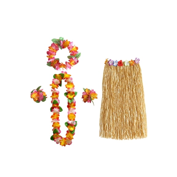 HOARBOEG Hawaiian Grass Skirt Set 5-Piece, Luau Costume with Flower Lei Necklace Headband Wristbands, Hula Dance Party Accessories, Tropical Beach Outfit for Adults Teens