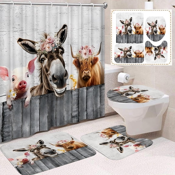 HOARBOEG Highland Cow Print Bathroom Set 4-Piece, Shower Curtain with Hooks, Non-Slip Bath Mat, Toilet Lid Cover and U-Shaped Contour Mat, Easy to Clean, Bull Theme Decor for Bathroom