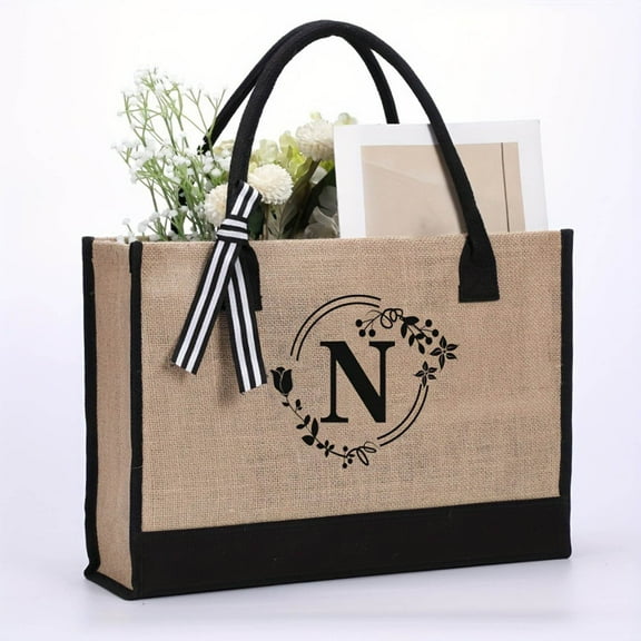 HOARBOEG Initial letter N Jute Beach Bag - Eco-Friendly Reusable Tote with Zipper Pocket & Adjustable Strap, Gift for Women, Summer Vacation, Shopping, Travel Essentials