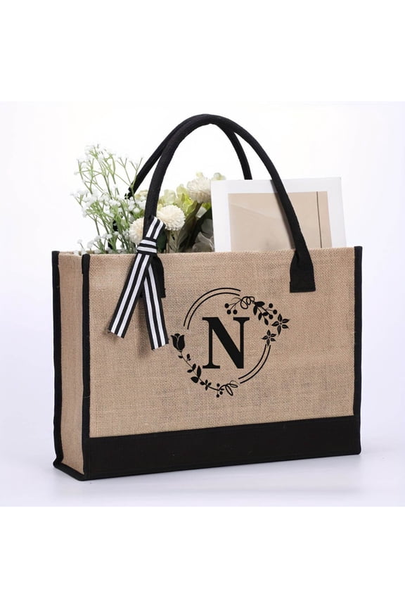 HOARBOEG Initial letter N Jute Beach Bag - Eco-Friendly Reusable Tote with Zipper Pocket & Adjustable Strap, Gift for Women, Summer Vacation, Shopping, Travel Essentials