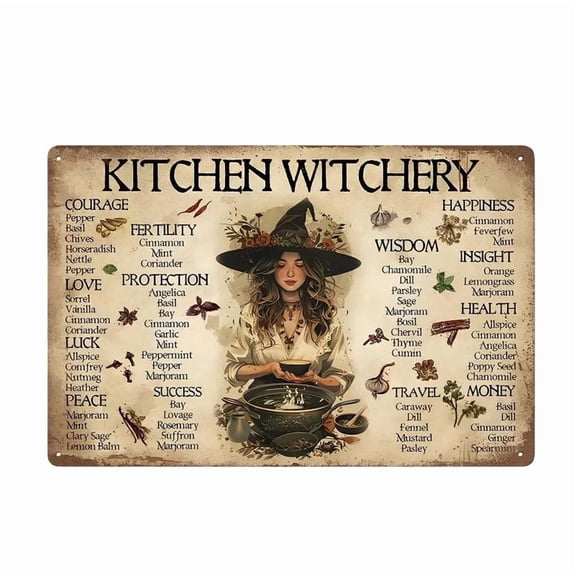 HOARBOEG Kitchen Witch Guide Sign - Herbal Magic Metal Wall Decor with Witchcraft Symbols, Vintage Kitchen Witchery Sign for Home, Gothic Witch Decor & Herbal Reference