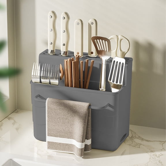 HOARBOEG Knife Holder and Utensil Drainer Rack, 3-Tier Large Capacity Countertop Organizer for Knives, Chopsticks, Forks, Spoons, Cutting Boards with Non-Slip Base, Space-Saving Kitchen Storage