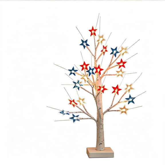 HOARBOEG LED White Birch Tree with Five-pointed Star, Patriotic Independence Day Decorative Lamp, Battery Operated Tabletop Star Tree Light for 4th of July, Warm Glow Ornament for Home Garden Decor
