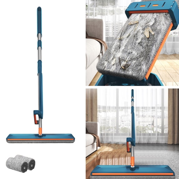 HOARBOEG Large Flat Mop, Self Wringing Twist Mop for Floor Cleaning with 2 Replaceable Cloth, Hand Wash Free Dry and Wet Mop Household Cleaning Tools(Blue)