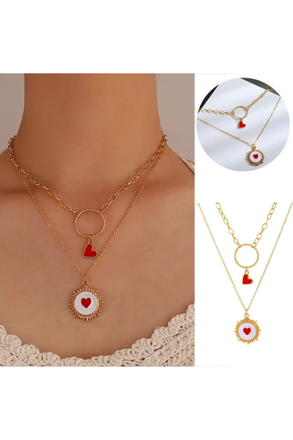 HOARBOEG Layered Circle Heart Necklace Woman Love Heart Pendant Necklace Circular Necklace for Women Pendant Necklace Valentine's Day Mother's Day Gifts